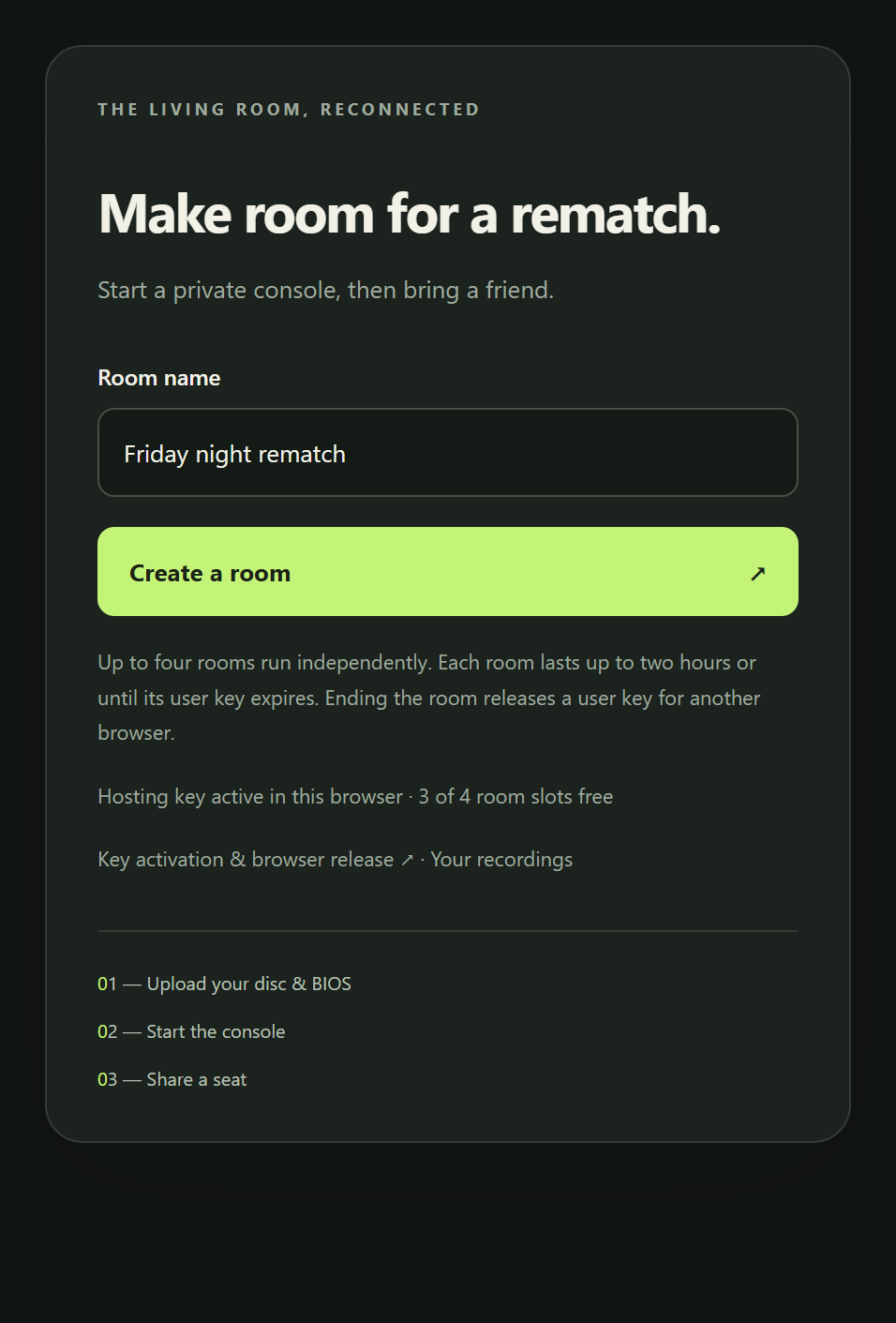The Create a room form with a Room name field filled in as Friday night rematch