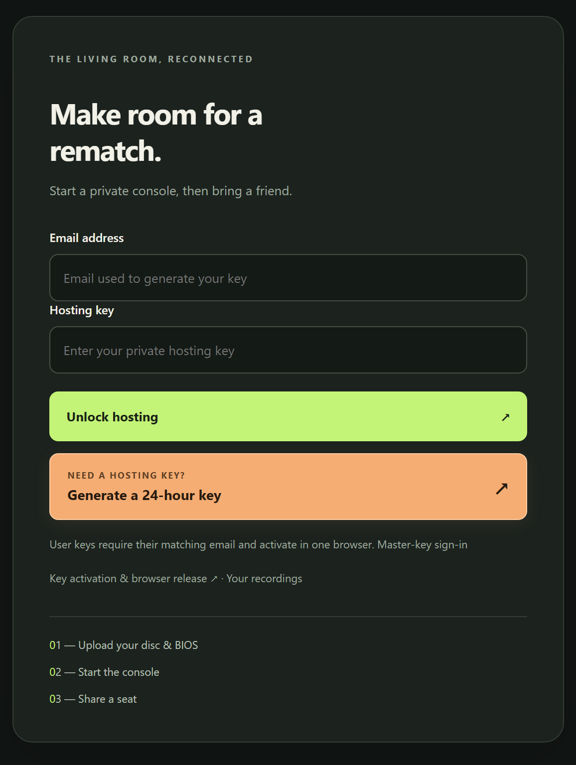 The launch card on the home page with Email address and Hosting key fields, the green Unlock hosting button and the orange Generate a 24-hour key link