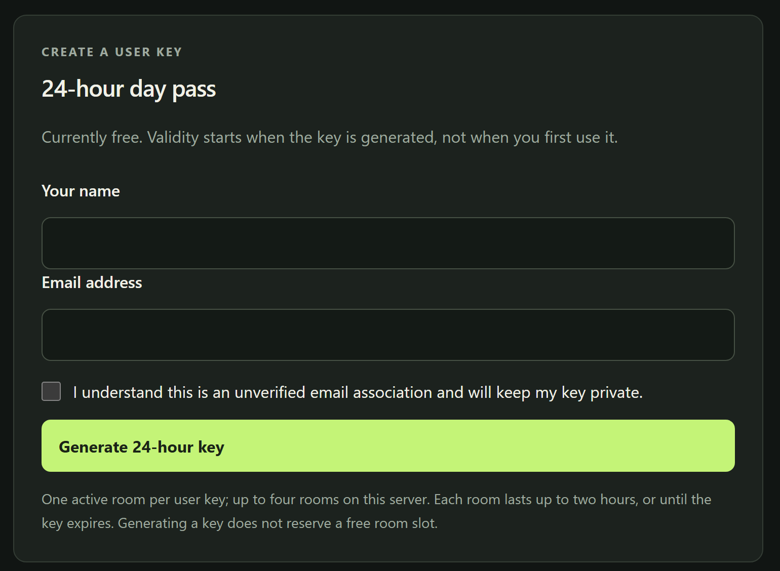 The 24-hour day pass form on the Hosting keys page: name, email address, a consent checkbox and the Generate 24-hour key button