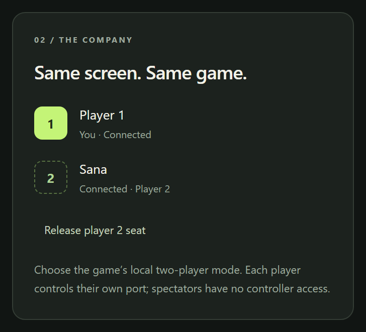The players panel with Player 1 you connected and Player 2 Sana connected, plus a Release player 2 seat button