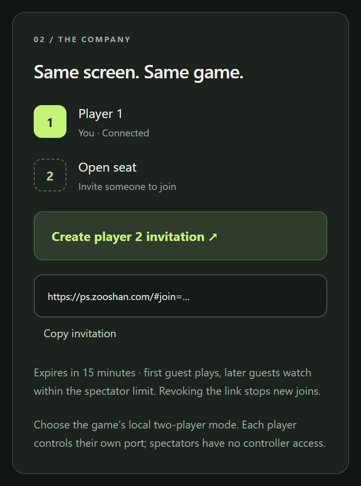 The players panel: Player 1 connected, Player 2 open seat, the Create player 2 invitation button, an invitation link box and a Copy invitation button
