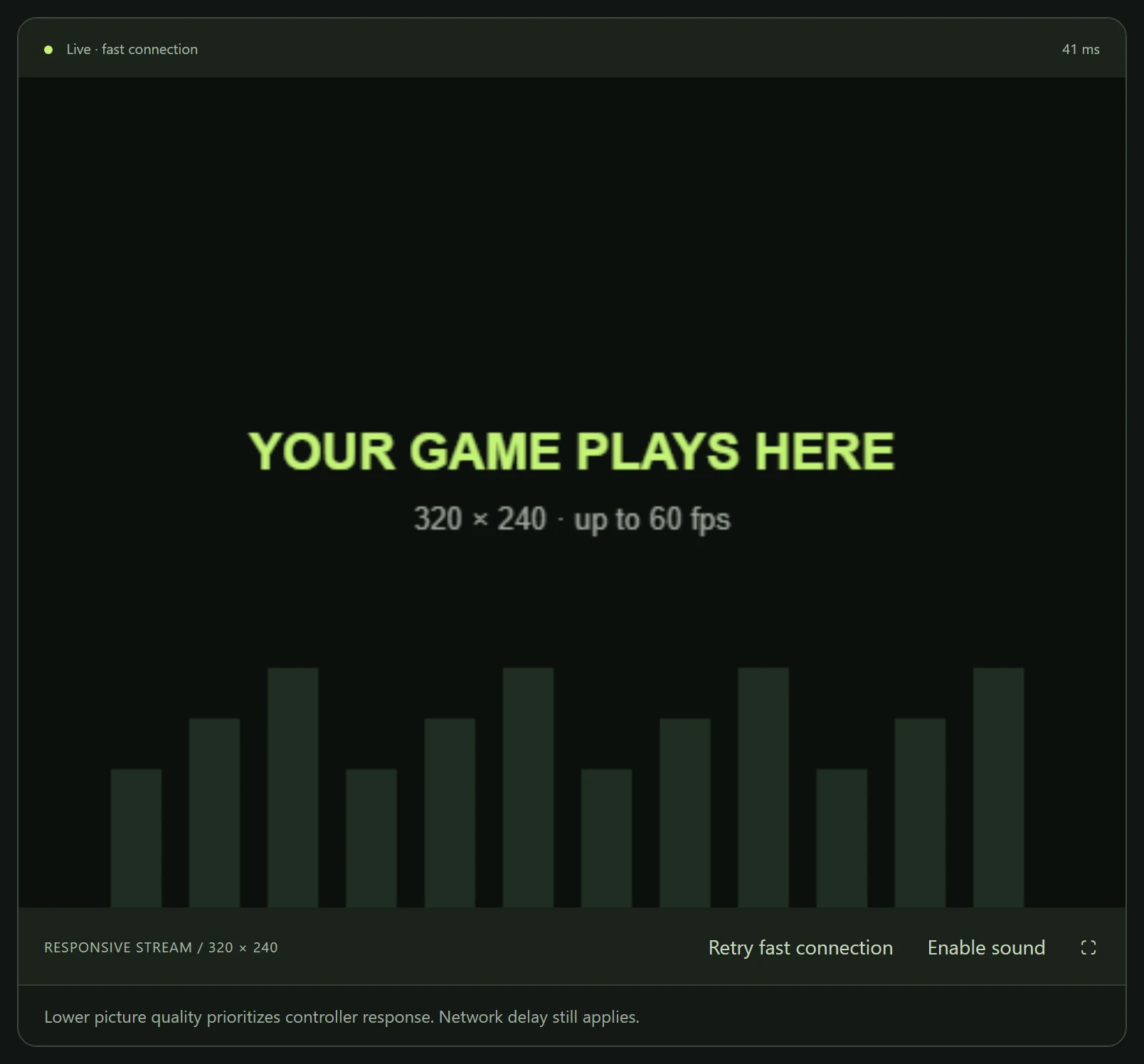 The same screen area while live: status Live with a round-trip time in milliseconds and the game picture filling the display