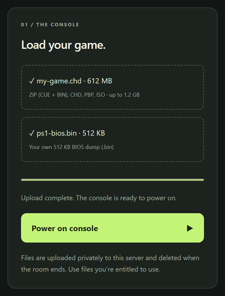 The Load your game panel showing a disc file and a BIOS file selected, a full progress bar, the status Upload complete and an enabled Power on console button