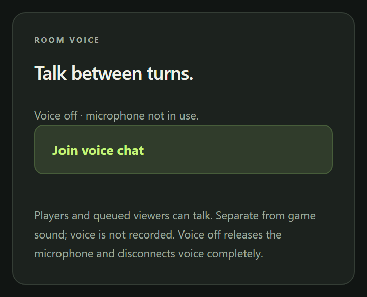 The Room voice panel with status Voice off and a Join voice chat button